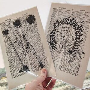 Circus Acts Strongman Tiger Hoop Vintage Dictionary Page Decor Carnival Set of 2